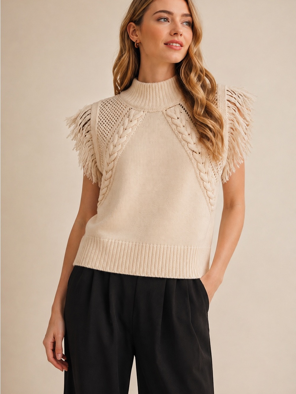 NWT &merci Cream Knit Fringe Sweater Vest Size M Boho